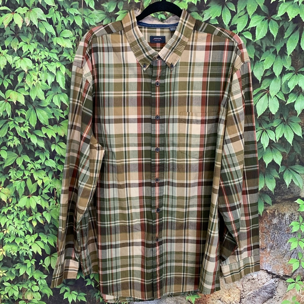 ARROW Preppy Plaid Tan, Brown, and Cream Button Down Oxford, XL/TG - Picture 2 of 7